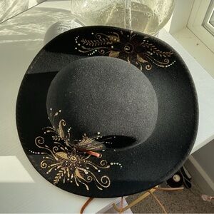 Hand Burned Cowboy Hat BOHO Bling Cowgirl Brixton Felt Fedora Black